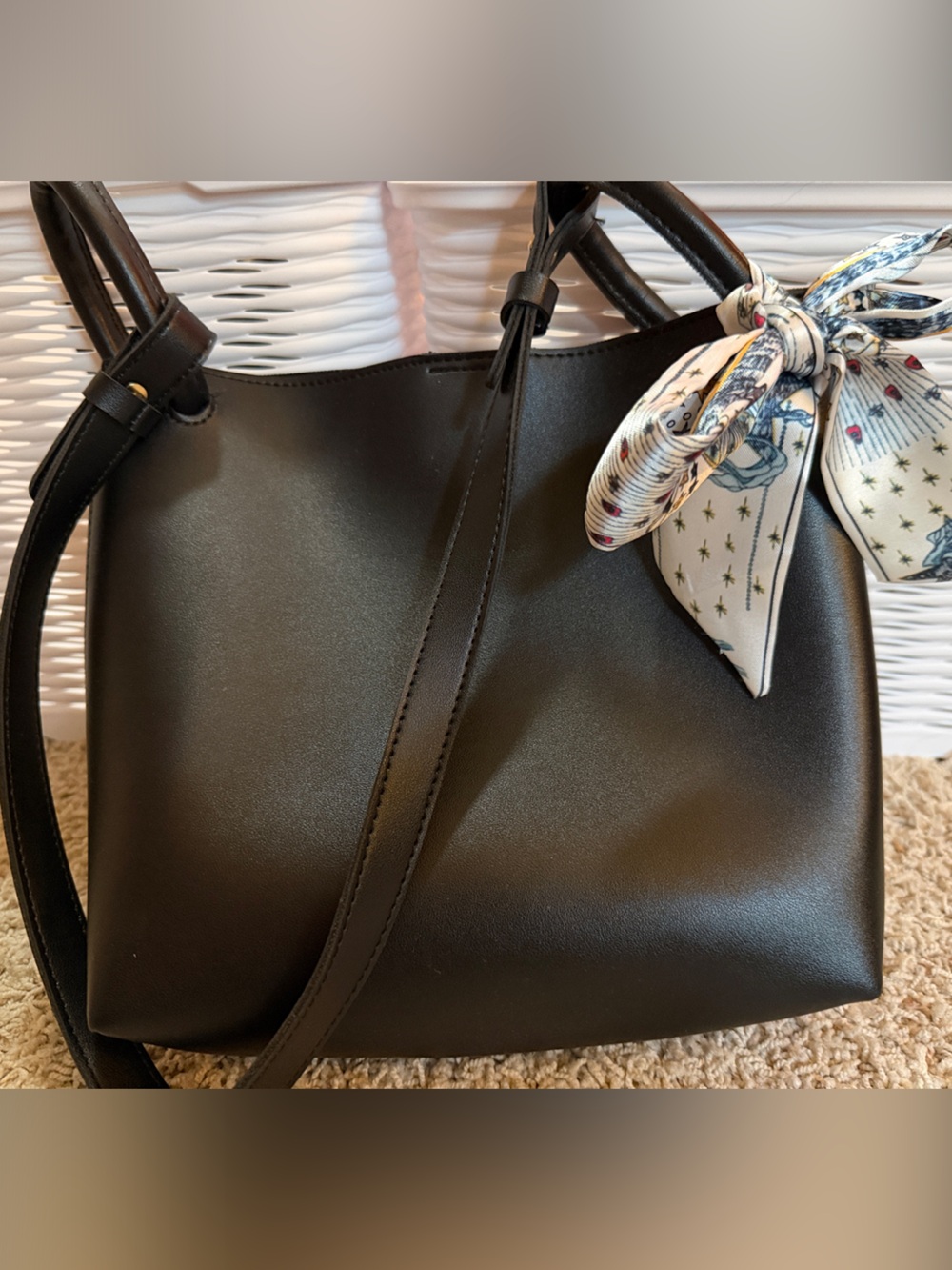 Source Unknown Black Shoulder Bag with Printed Scarf Accent